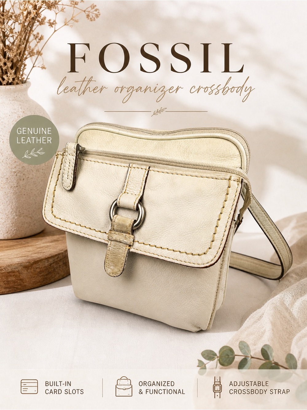 Fossil Cream Leather Crossbody Organizer Flap Bag Adjustable Strap